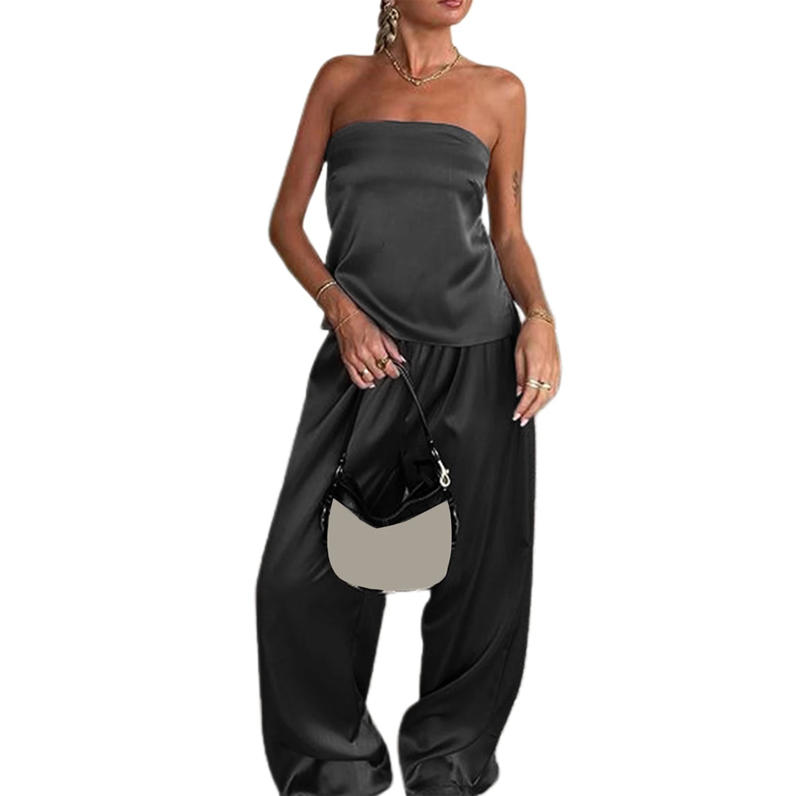 Women Satin Tube Top Pants Set 2 Piece Backless Lace Up Crop Tops Wide Leg Pants Y2k Coquette Clubwear Party Matching Outfits