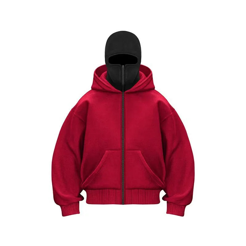Double Hat Balaclava Hoodies Fashion Hip Hop Winter Windproof Sweatshirt Streetwear Trend ﻿zipper Face Mask Hoodie Jacket Coat