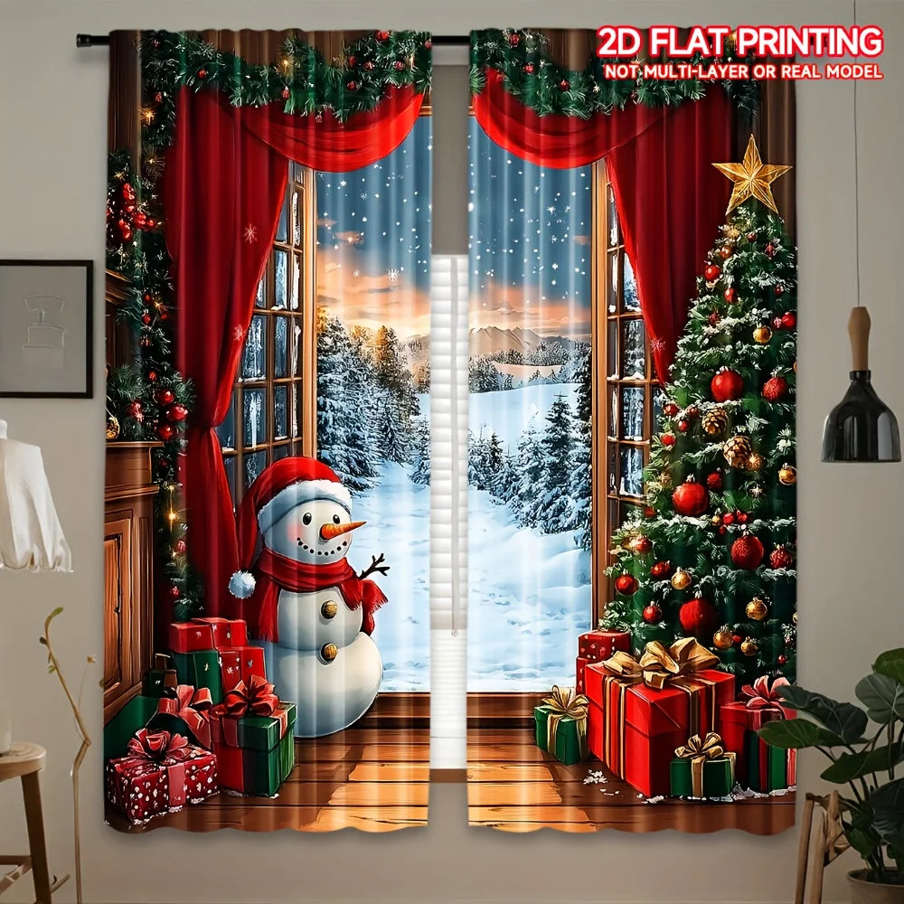 2PCS Christmas Curtains – Santa, Snowman & Festive Charm