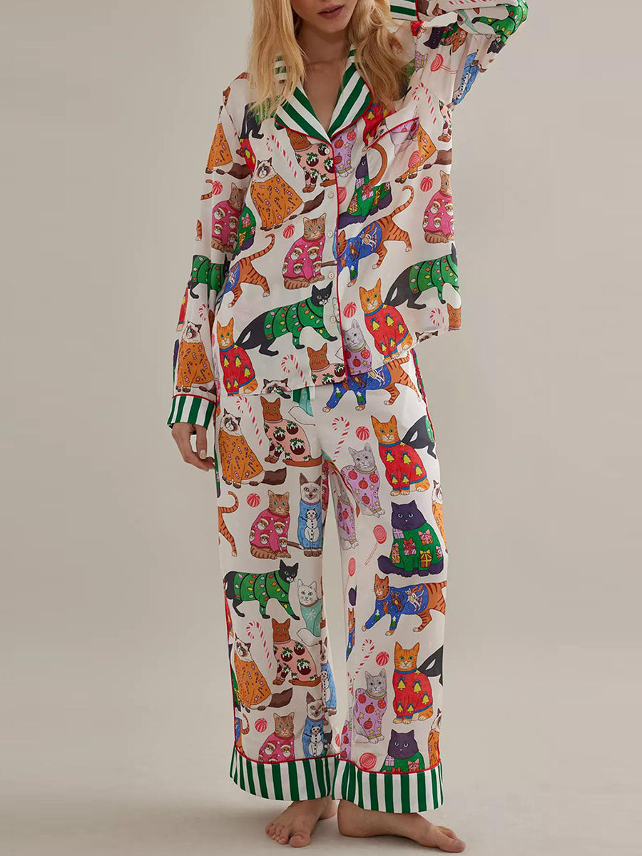 Women Pajama Set Food Animal Print Long Sleeve Button Closure Tops with Pants Sleepwear Loungewear