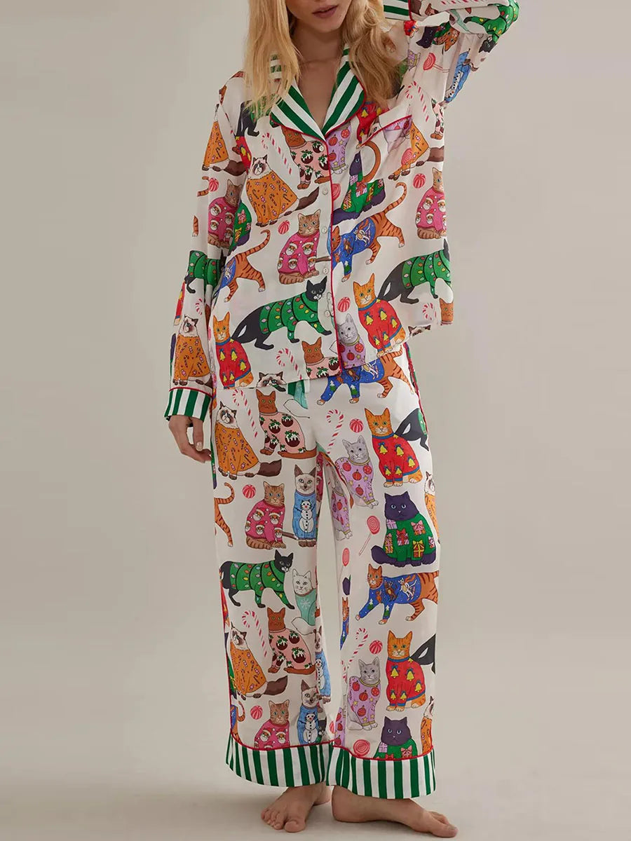 Women Pajama Set Food Animal Print Long Sleeve Button Closure Tops with Pants Sleepwear Loungewear