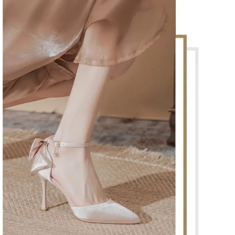 Wedding Heels Women Luxury Brand Design String Bead Pearls High Heels Ladies Sexy Elegant Pointed Toe White Black Pumps2025