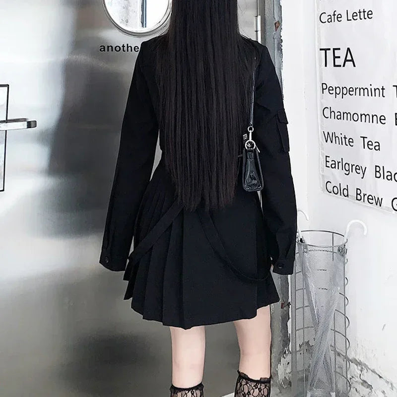 Women Two-Piece Skirt Spring Oversize 4XL Black Punk Chain Ribbon Skirts Ladies Suit Female Dress Sets Harajuku Streetwear