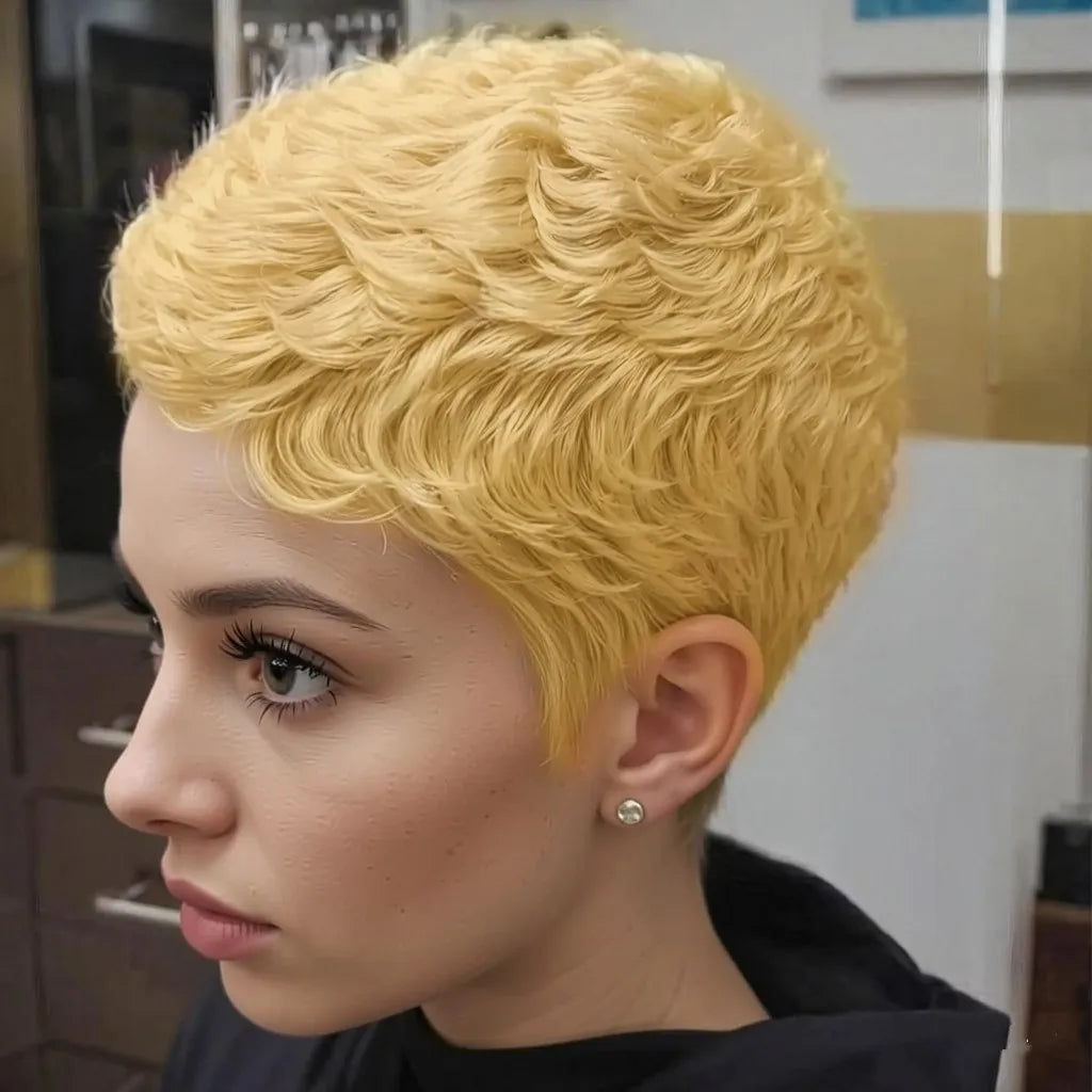 Peluca de pelo humano Remy hecha a máquina, corte pixie, corto, liso, en capas, negro natural/99j/30, de 4 pulgadas y 150% de densidad.
