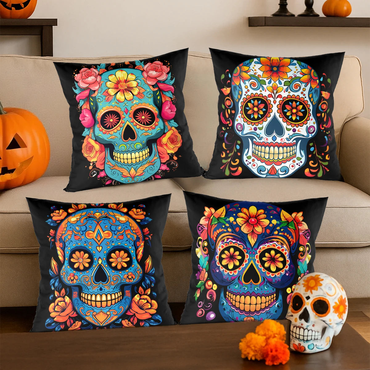 4pcs Mexican Day of The Dead Floral Throw Pillow Covers Holiday Party Decor Dia De Los Muertos Cushion Covers Home Decoration