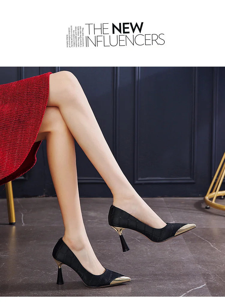 Metal Pointed Slender Heels for Women Gentle Black Pumps for Women Elegant Evening Dress Party Shoes