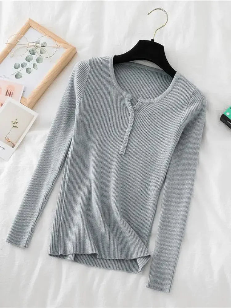 Korea Autumn Winter Button V Neck Sweater Women Basic Slim Pullover Women Sweaters And Pullovers Knit Jumper Soft Warm Tops