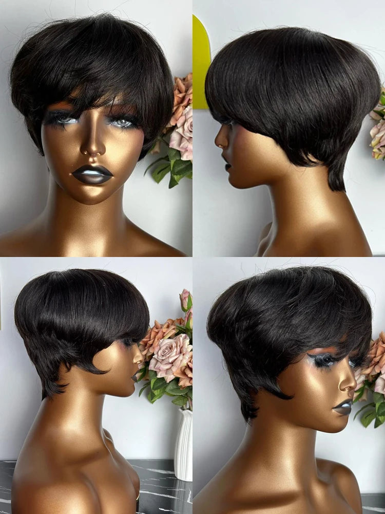 Pelucas de Cabello Humano Peluca Corta Pixie de Cabello Humano para Mujeres Negras Pelucas Hechas a Máquina con Flequillo Peluca Pixie Perruque Cheveux Humain
