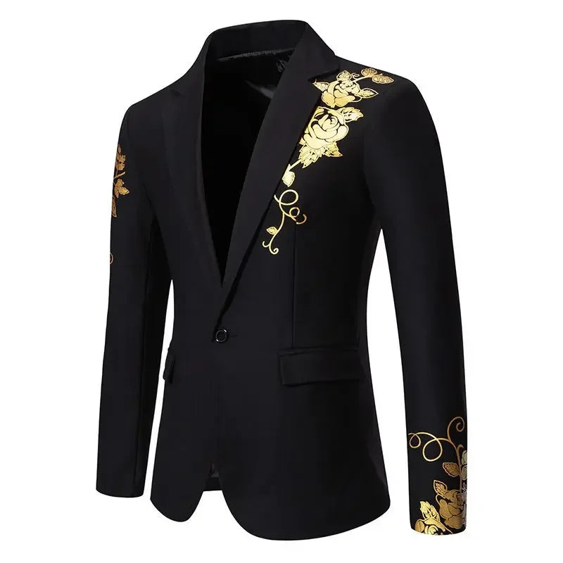 New Men Business Social Suit Loose Jacket Black / White / Royal Blue Fashion Male Wedding Prom Party Rose Printed Blazers