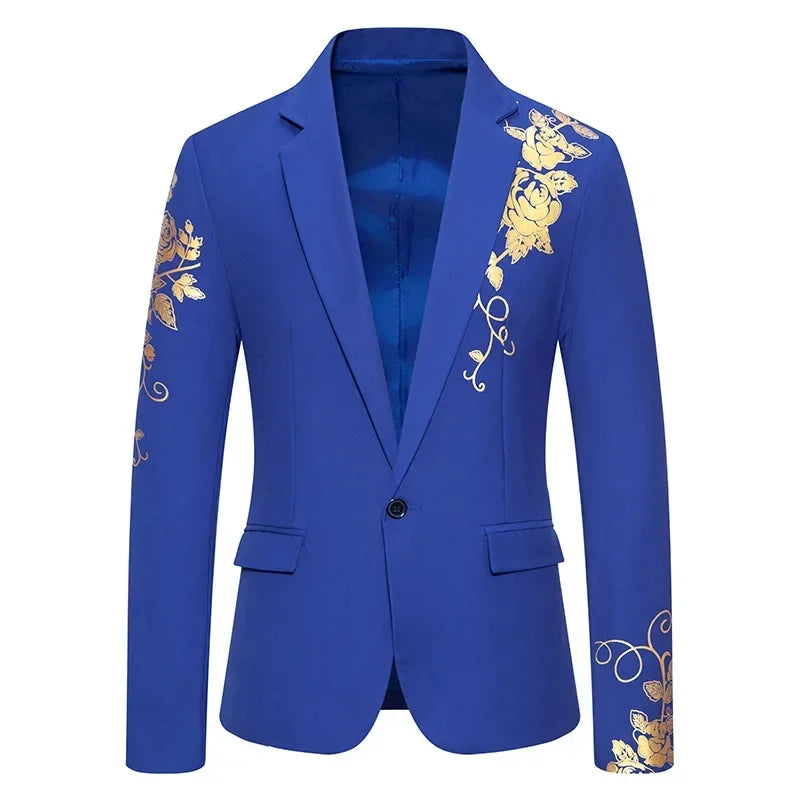 New Men Business Social Suit Loose Jacket Black / White / Royal Blue Fashion Male Wedding Prom Party Rose Printed Blazers