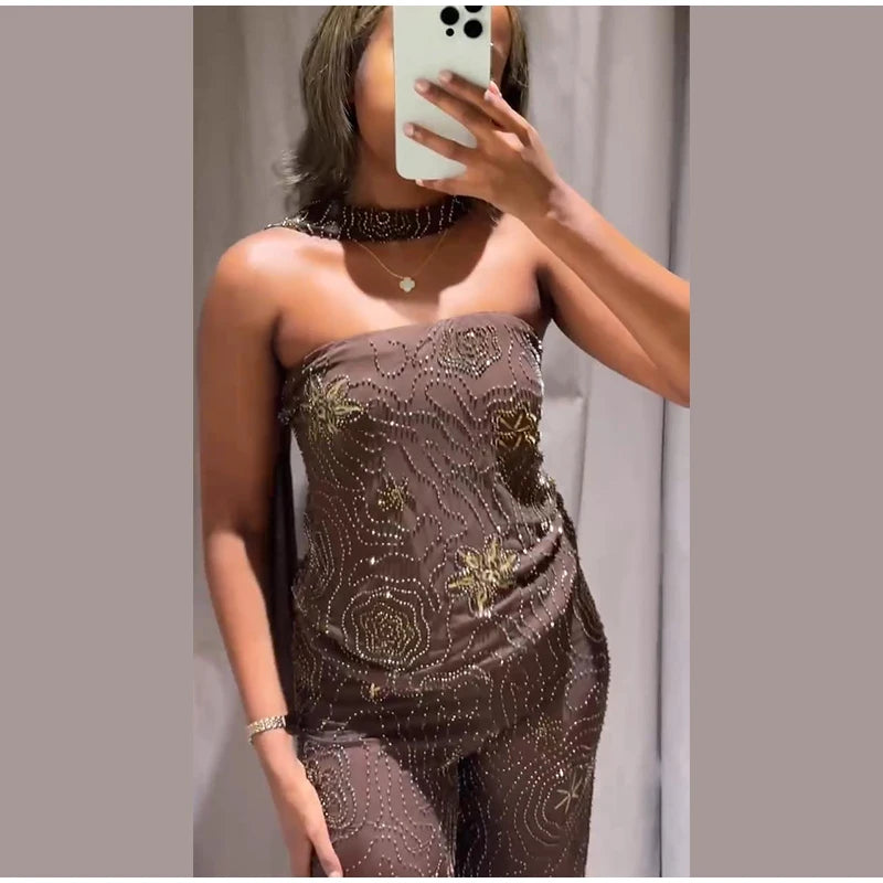 Chic Beaded Women's Top Pant Set Sexy Slim Halter Sleeveless Crop Tops See Through Elastic Waist Wide Leg Pants Summer Outfits