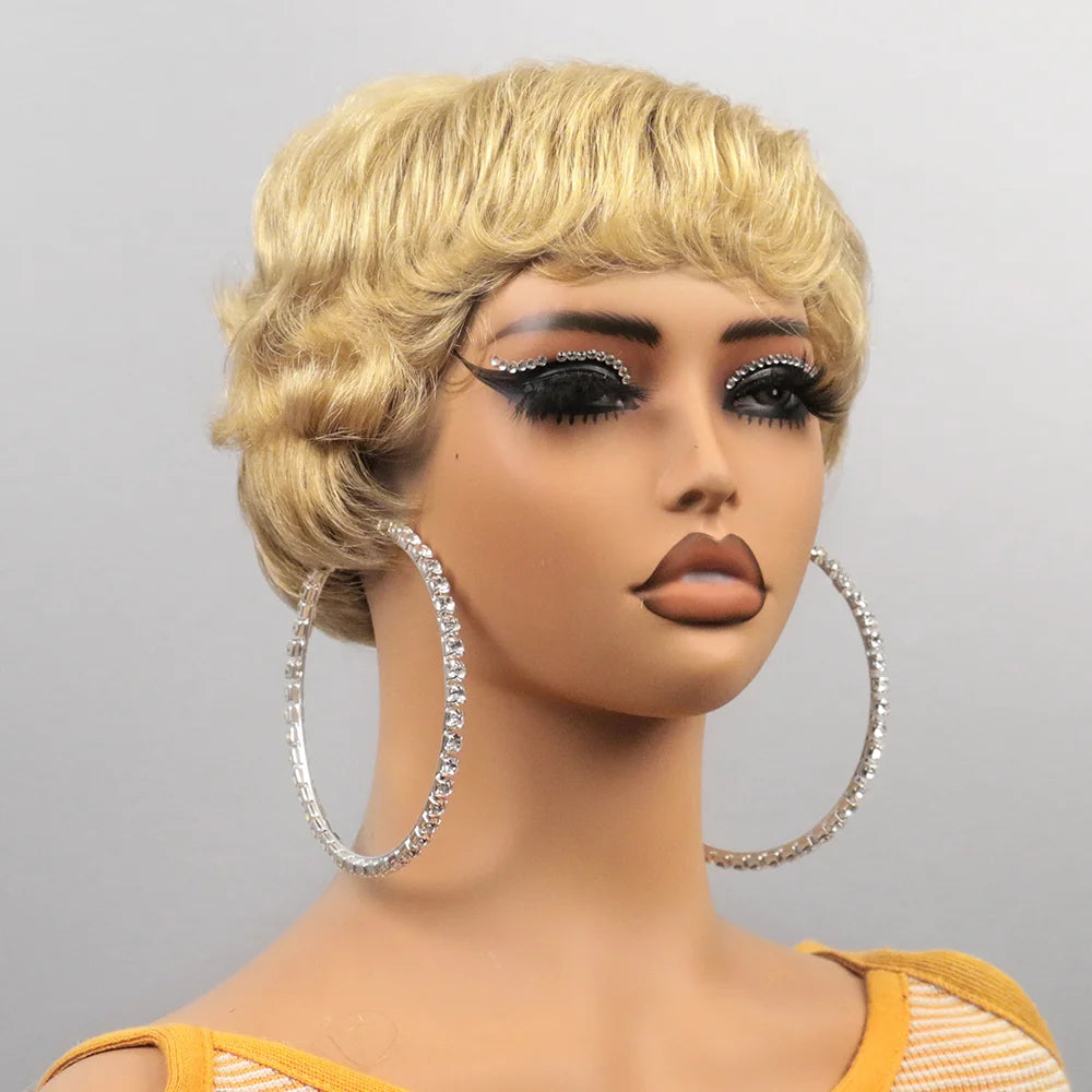 Peluca Bob Corto de Cabello Humano para Mujeres Negras, Pelucas Pixie Cut de Cabello Humano, Peluca Sin Pegamento, Peluca Sin Encaje Frontal con Flequillo, Negro Natural