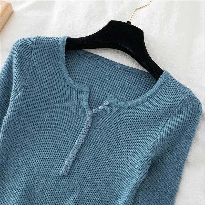 Korea Autumn Winter Button V Neck Sweater Women Basic Slim Pullover Women Sweaters And Pullovers Knit Jumper Soft Warm Tops