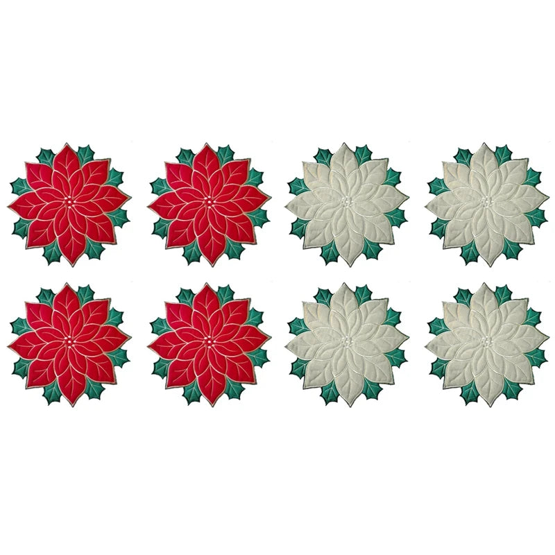 Holiday Christmas Embroidered Placemats Applique Poinsettia Placemats Christmas Flower Placemat For Table Decoration