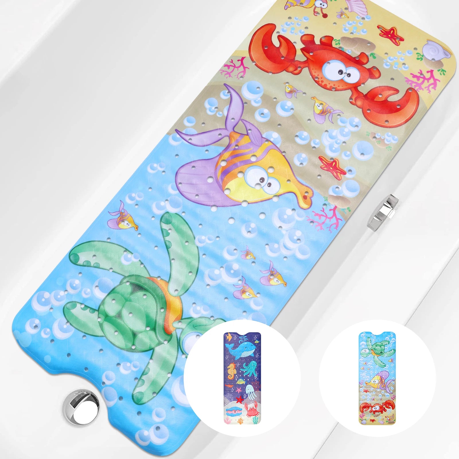 Alfombrilla de Baño Antideslizante para Bebés con Ventosas y Agujero de Drenaje, Alfombrilla de Ducha para Niños con Diseño de Mundo Marino de Dibujos Animados