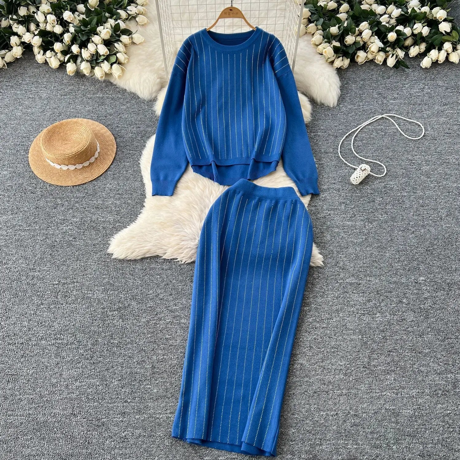 Women Skirt Sets Two Piece Sweater Set Full Sleeve Knit Tops Dress Sets Wrap Hip Skirts Casual Top Diamonds Spliced Autumn 2025