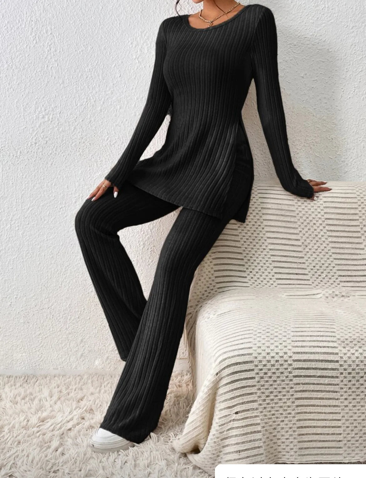 Ropa de Mujer Otoño Invierno Nuevo Estilo Color Sólido Sexy Casual Manga Larga Cuello Redondo Rajado Moda Temperamento Conjunto de Dos Piezas