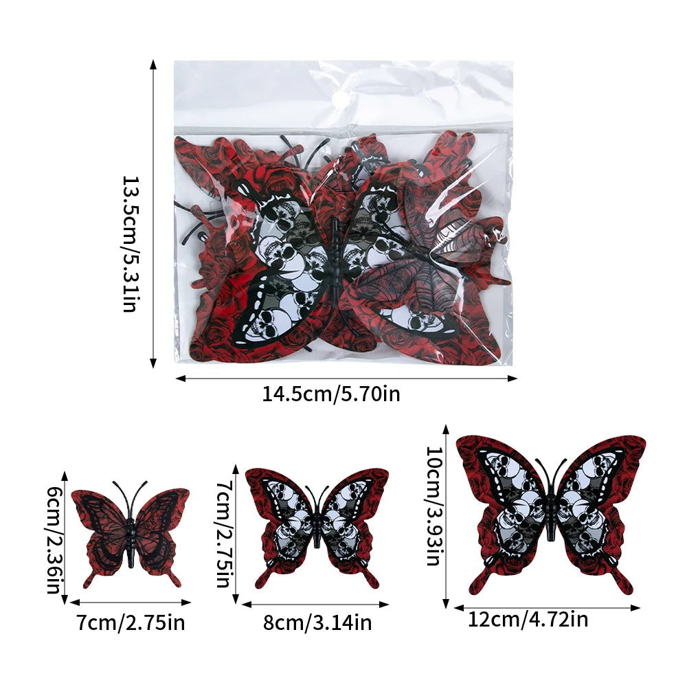 12pcs Halloween Skull Butterfly Bat Sticker 3D Double-Layer Wall Decals Haunted House Scary Prop Halloween Party Home Decoration
