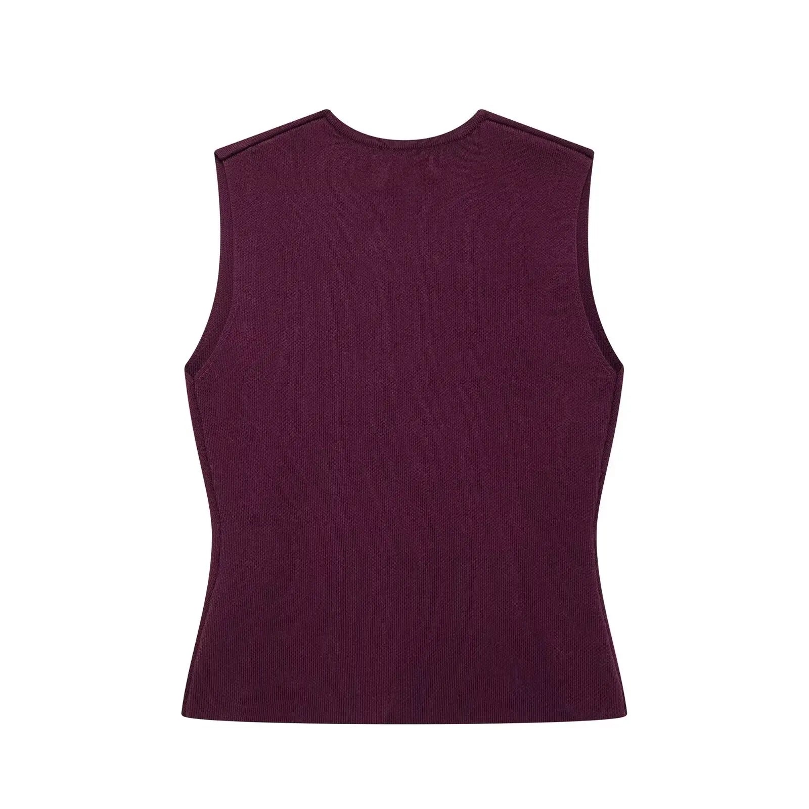 TRAFZA Women Skirt Set Wine Red Knitted V-Neck Sleeveless Slim Vest +Solid High Waist Zipper Patchwork Long Skirt Street