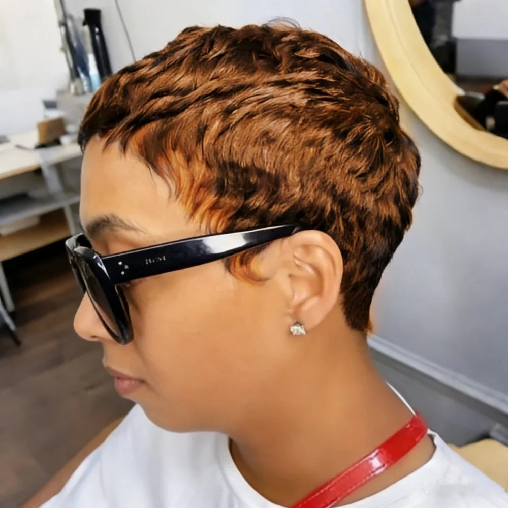 30# Short Pixie Cut Human Hair Wigs Natural Black Hair Wig Human Hair Machine Made Wig