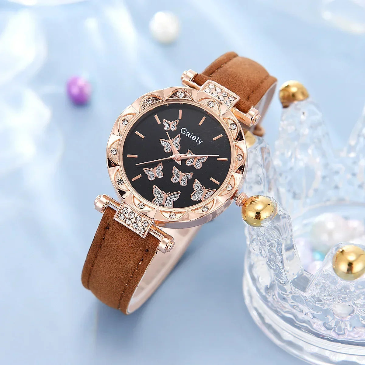 Conjunto de Reloj, Anillo, Collar, Pendientes y Pulsera para Mujer Relojes de Mariposa con Correa de Cuero reloj de señora relogios feminino reloj mujer