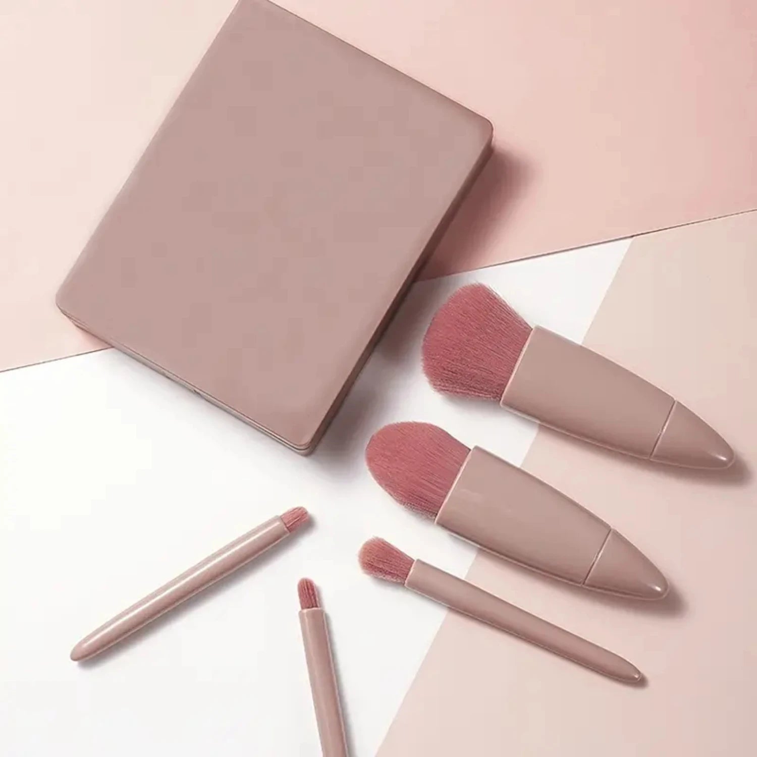 Portable Mini Delicate Soft Fiber Wool Cosmetic Brushes Kit - 5pcs Makeup Brush Set With Makeup Mirror And Storage Box. Perfect