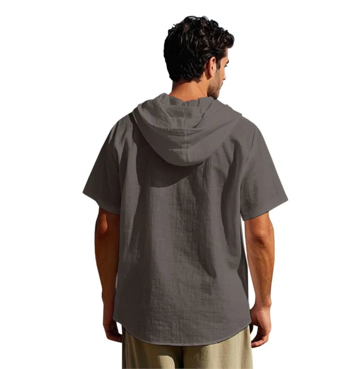 Men's Short Sleeve Shirt Cotton Linen Solid Color Shirts Men Hooded Casual Shirt Man Single Breasted Tops Men Breathable Shirt