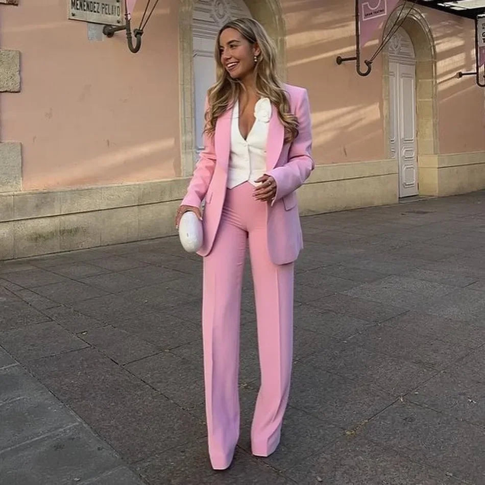 Women's Blazer New Spring Elegant Casual Office Lady Pink Jacket Coat Fashion High Waist Loose Wide Leg Trousers Pant Suit