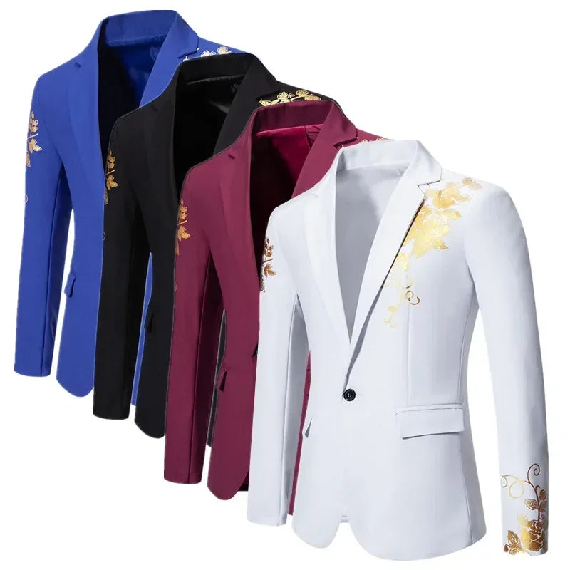 New Men Business Social Suit Loose Jacket Black / White / Royal Blue Fashion Male Wedding Prom Party Rose Printed Blazers