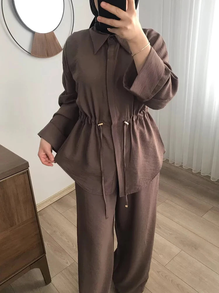 Pant sets Summer Women's Suit Shirts & Blouses Tops Trouser Women's Two Pieces Set Brown Short-sleeved Shirt Female Pantsuit