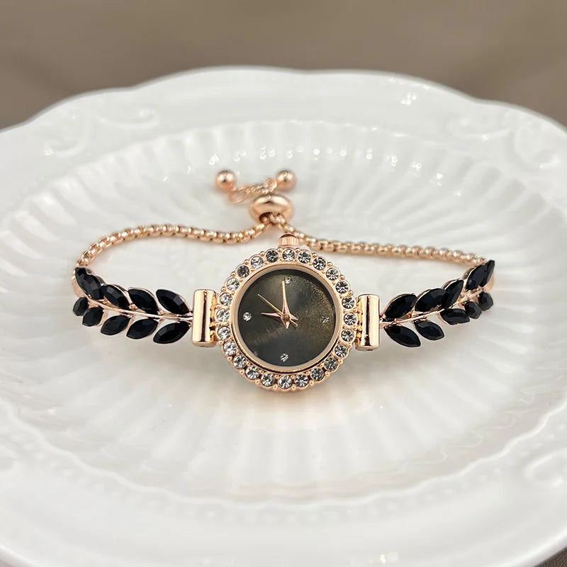 New fashion diamond-encrusted leaf round women's watch simple dial freely adjust cross-border gift watches