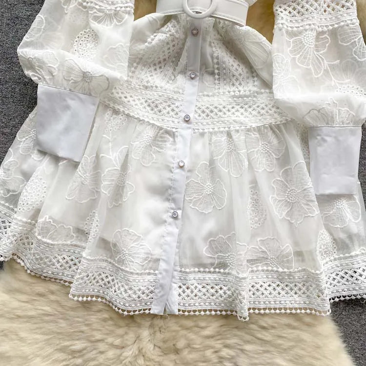 Luxury Women Lace Shirt dress White Black  New Vintage embroidery Lantern sleeve dresses with belt Sexy clothes INKEO 4D062