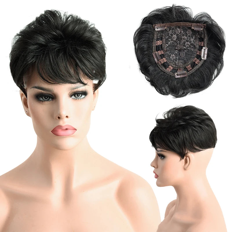 Synthetic Hair Topper Pieces for Thinning Hair Natural Curly Texture 6 Inch Short Pixie Cut Toppers Hair Wigs for Women