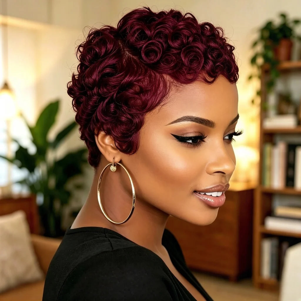 Side Part Brazilian Human Hair Short Pixie Cut Wig Loose Curly for Women Full Machine Made Wig