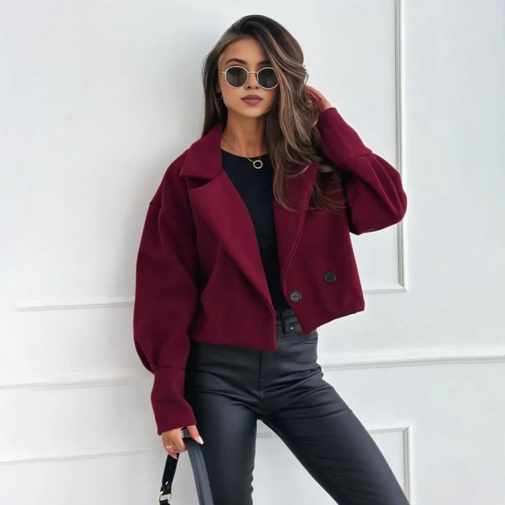 Women Fall Winter Coat Short Type Turn-down Collar Solid Color Loose Button Closure Cardigan OL Commuting Jacket Lady Outwear