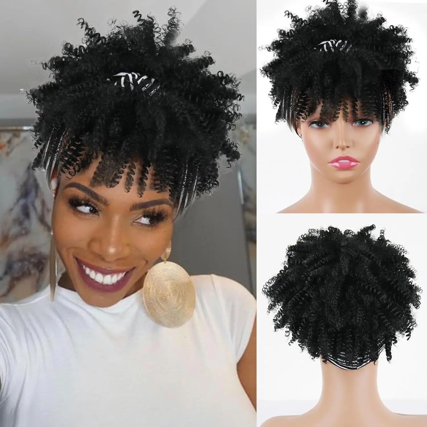 Black women's curly hair wig with headscarf and tassel, 2-in-1 wrapped wig, African short curly hair synthetic wig with headscar