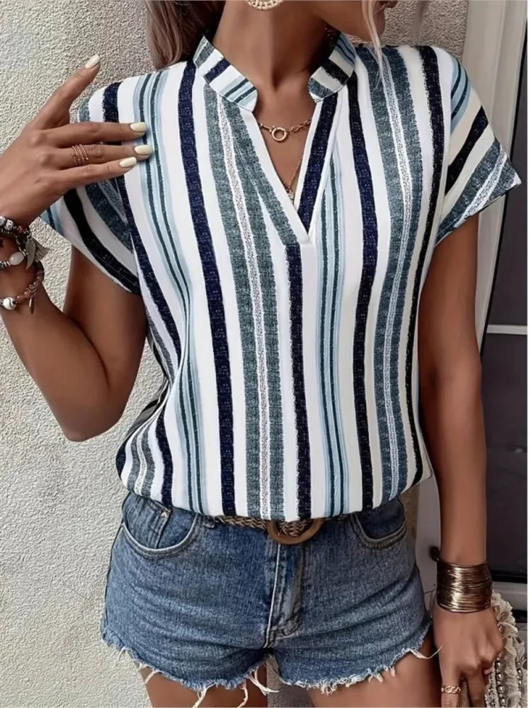 Women's Tops Blouses New Summer Casual Fashion Striped Print V-neck Short Sleeve Shirt Elegant Women Shirts Tops Streetwear