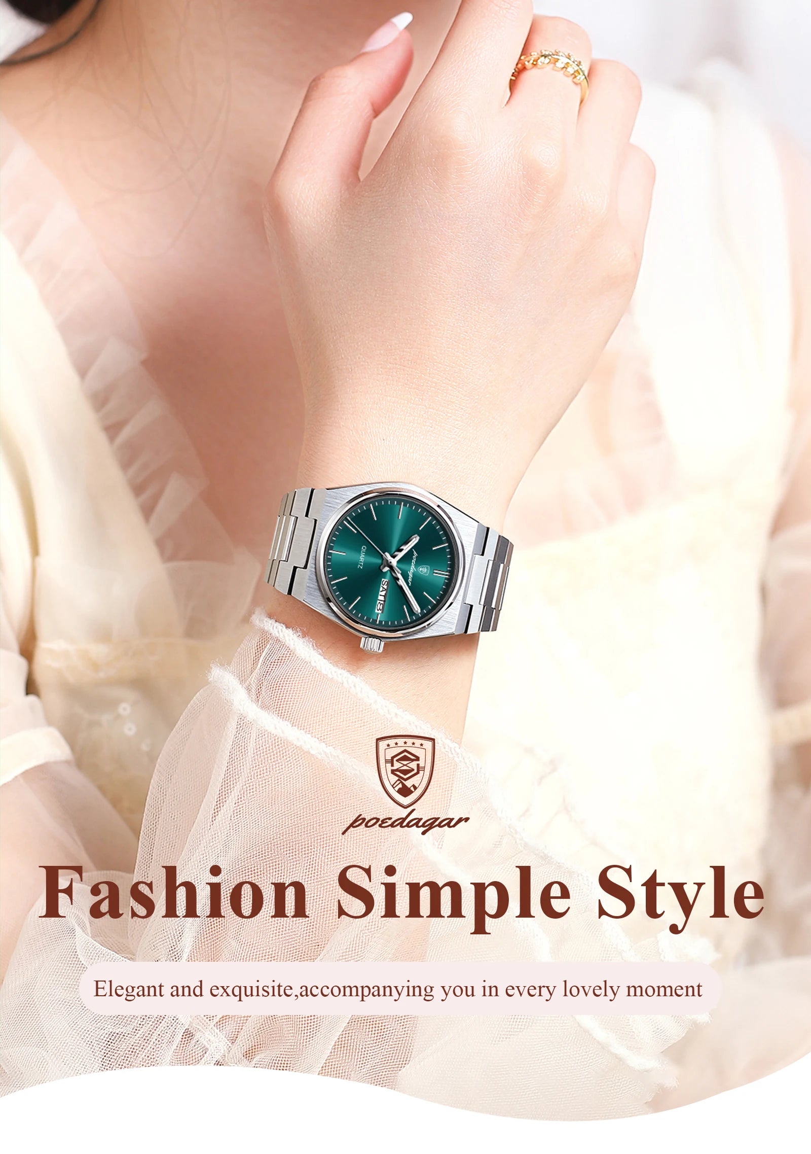 POEDAGAR Elegant Watches For Women Waterproof Luminous Date Week Ladies Watch Quartz Stainless Steel Woman's Fashion Wristwatch