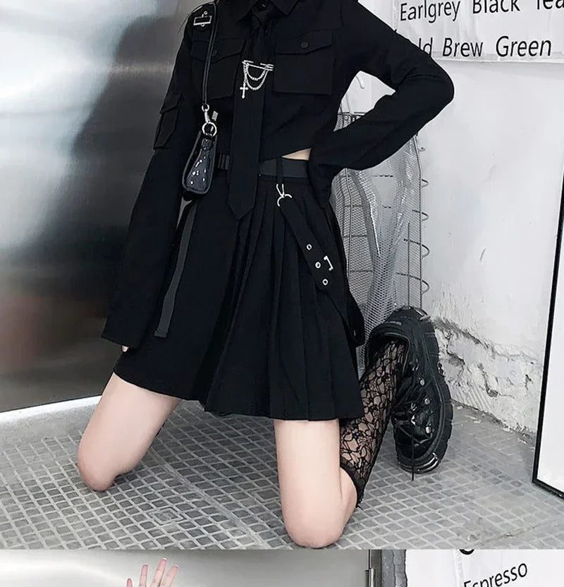 Women Two-Piece Skirt Spring Oversize 4XL Black Punk Chain Ribbon Skirts Ladies Suit Female Dress Sets Harajuku Streetwear
