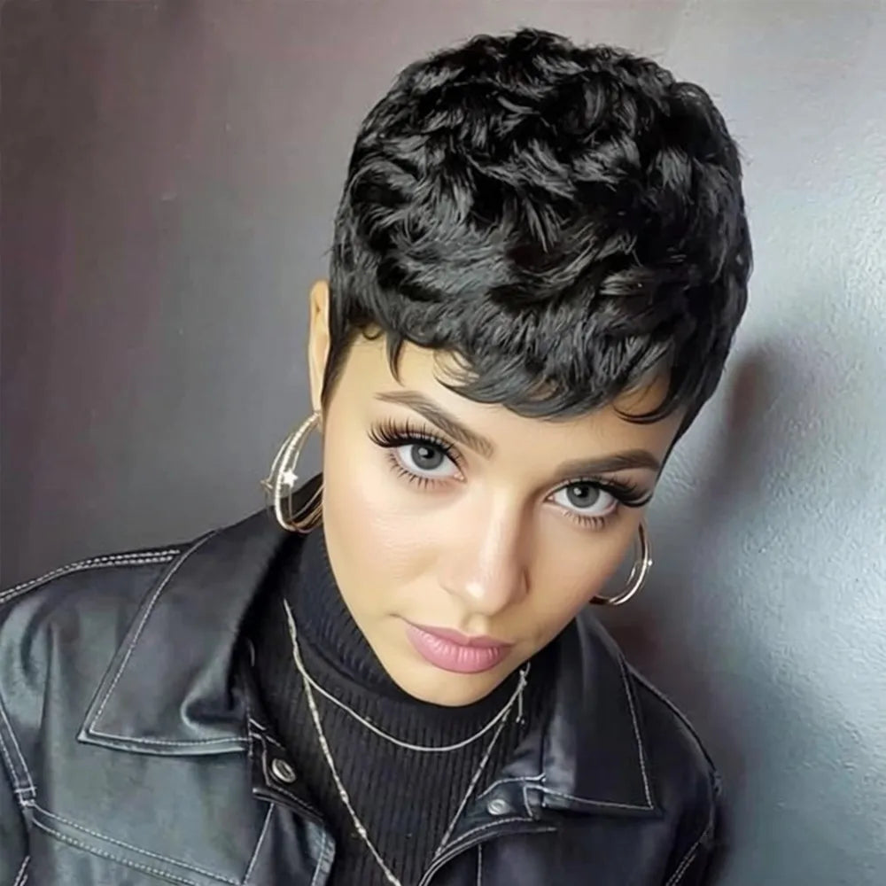 pixie wig burgundy color for women pixie cut short straight layered daily party use wig human hair wig machine made brown black