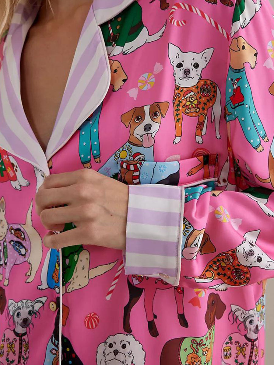 Women Pajama Set Food Animal Print Long Sleeve Button Closure Tops with Pants Sleepwear Loungewear