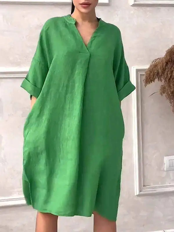 Fashion Cotton And Linen Women's V-neck Loose Dress Spring And Summer Solid Color Casual Short Sleeved Pocket Midi Dresses