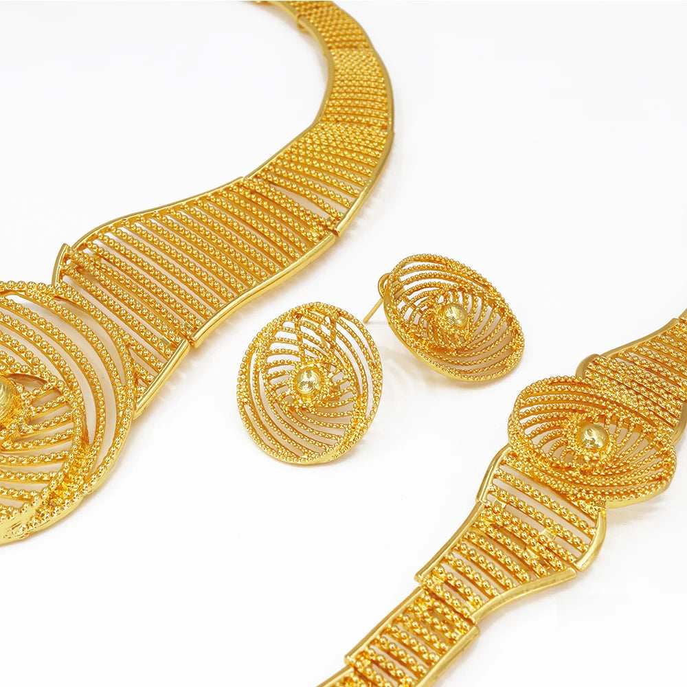 African Wedding Jewelry Set Exaggerated Design Necklace Bracelet Earring Rings For Women Fashion Party Gift 18K Gold Plated