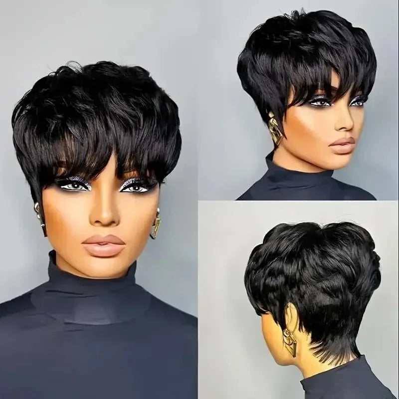 Natural Black Short Pixie Cut Synthetic Wig Full Machine Made Daily Wig for Women