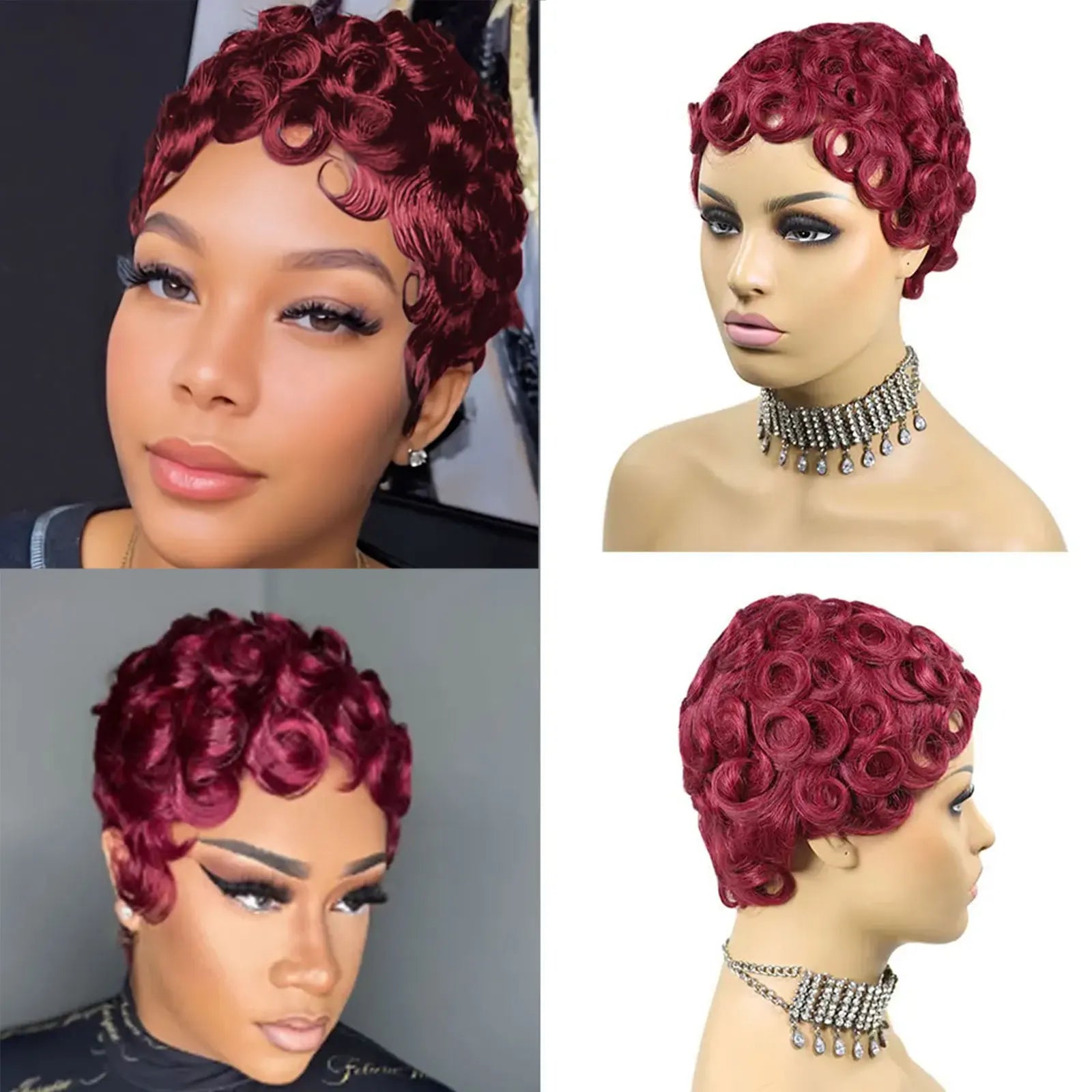 #1B Peluca rizada corta estilo Pixie para mujer, peluca rizada negra natural de cabello humano Remy peruano, peluca Bob hecha a máquina completa, densidad del 150%