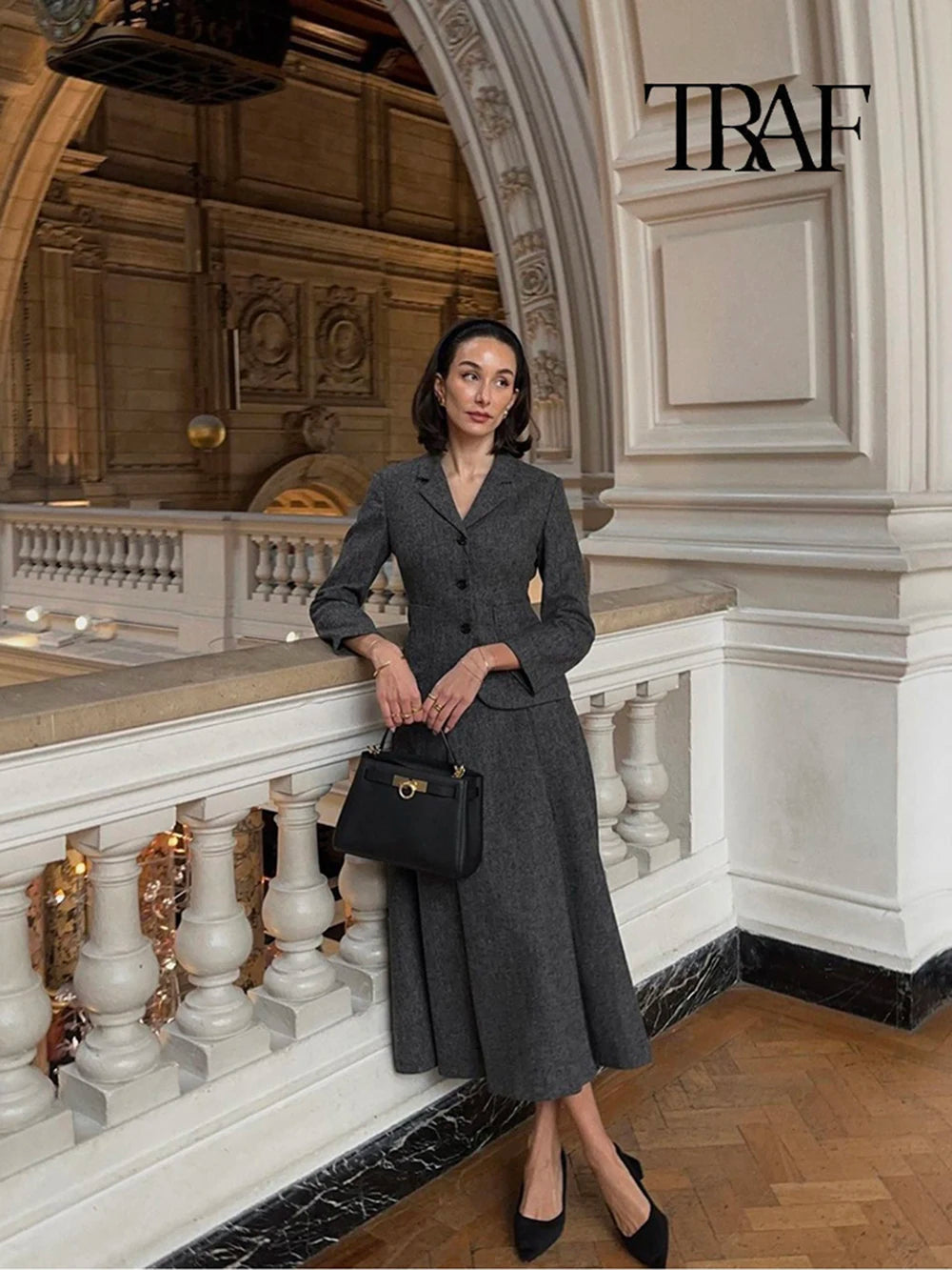 TRAF Women Fashion Casual Commuter Suit Skirt Suit Autumn and Winter Single-breasted Suit Jacket High-waisted A-line Skirt Suit