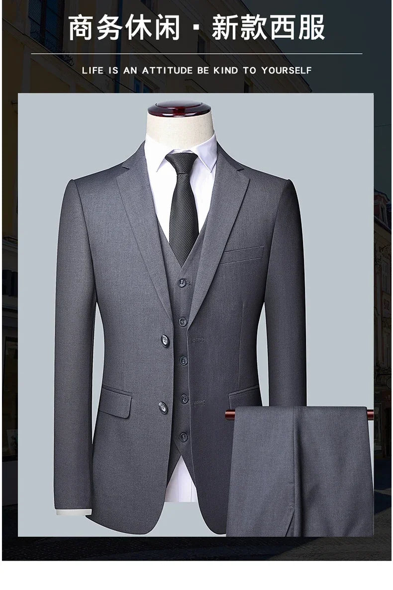 Suit (Blazer+ Vest + Pants) Men's Fashion Business Fit Wedding Professional Casual Single Breasted Gentleman Groom Dress Suit