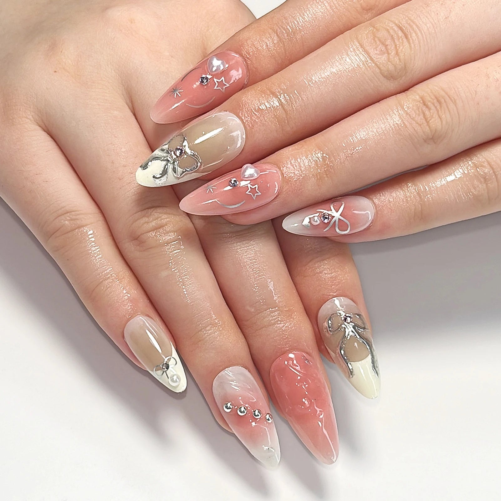 Light Pink Fake Nails with White Tip Ultra-flexible Long Lasting Fake Nails for Stage Performance Wear MIAO-US