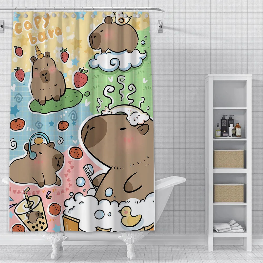 Shower Curtain Waterproof Polyester Fabric Paint Colorful Bath Curtains Kawaii Capybaras Home Bathroom Decor With Hook