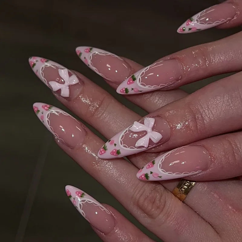 24Pcs Sweet Cool French Press on Nails Almond Acrylic False Nails Cute Cherry Bowknot Fake Nails with Pearl Glitter Diamond Nail